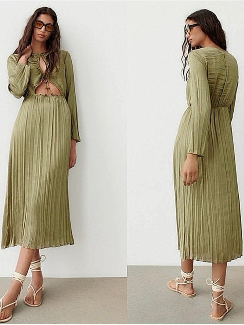 NWT Zara Pleated Midi Dress Olive Green Front Cutout Size L